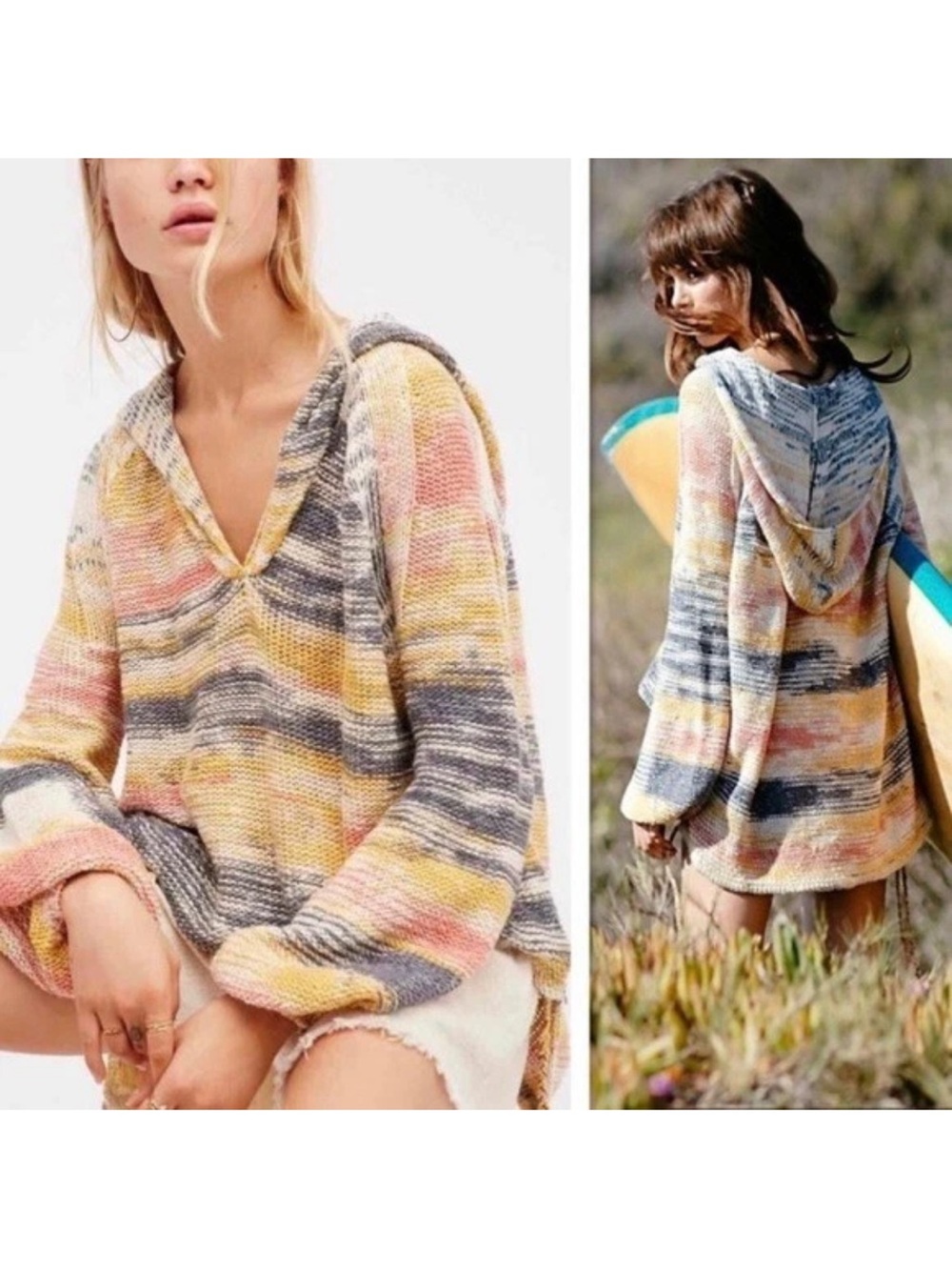 Free People Multicolor Snowcone Knit Sweater Hoodie Oversized Women's Sz XS